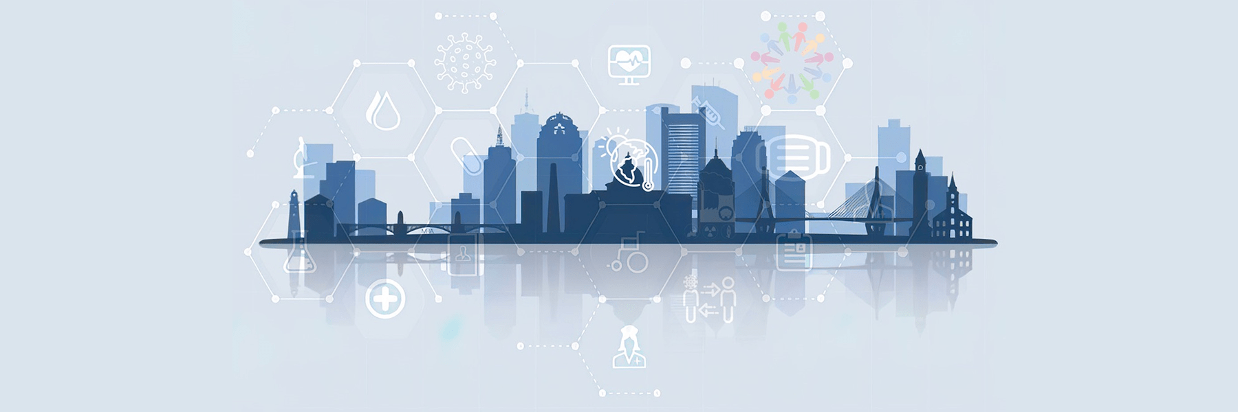 conceptual image of boston skyline silhoutte with health icons overlay